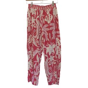 Rachel Zoe Pants Womens S Bright Pink Linen Tropical Floral Print Elastic Waist